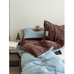 YAKEHOME【夢境邊緣】復古風藍色條紋牛奶絨加全棉四件套純棉床單