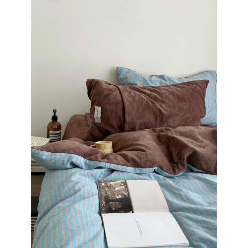 YAKEHOME【夢境邊緣】復古風藍色條紋牛奶絨加全棉四件套純棉床單 YAKEHOME【夢境邊緣】復古風藍色條紋牛奶絨加全棉四件套純棉床單