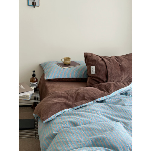 YAKEHOME【夢境邊緣】復古風藍色條紋牛奶絨加全棉四件套純棉床單 YAKEHOME【夢境邊緣】復古風藍色條紋牛奶絨加全棉四件套純棉床單