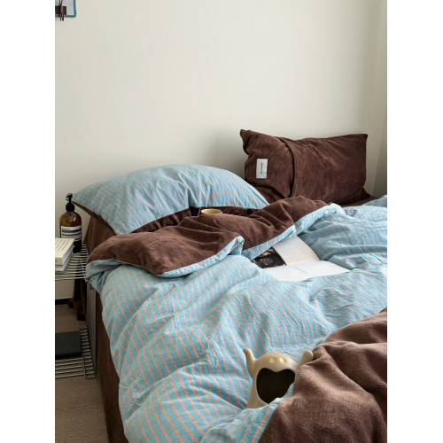 YAKEHOME【夢境邊緣】復古風藍色條紋牛奶絨加全棉四件套純棉床單 YAKEHOME【夢境邊緣】復古風藍色條紋牛奶絨加全棉四件套純棉床單