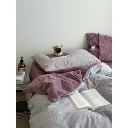 YAKEHOME【沉默織物】復古粉紫色條紋全棉加牛奶絨四件套純棉床單