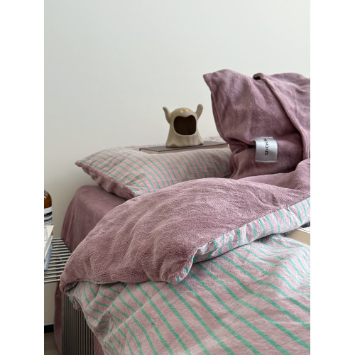 YAKEHOME【沉默織物】復古粉紫色條紋全棉加牛奶絨四件套純棉床單