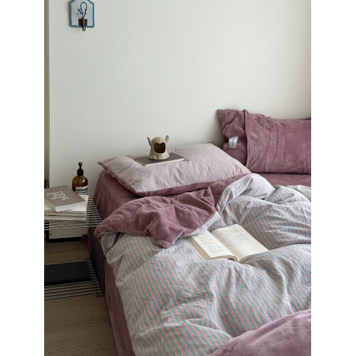 YAKEHOME【沉默織物】復古粉紫色條紋全棉加牛奶絨四件套純棉床單