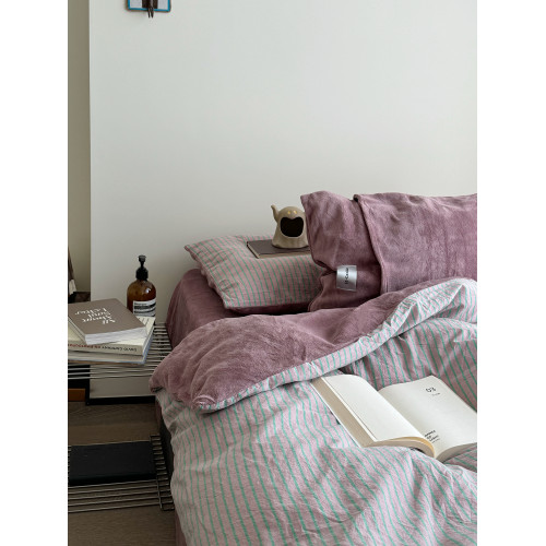 YAKEHOME【沉默織物】復古粉紫色條紋全棉加牛奶絨四件套純棉床單