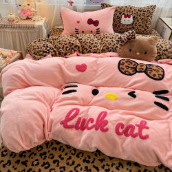 可愛kt貓四件套床上加絨牛奶絨被套學生宿捨冬季珊瑚絨床單三件套