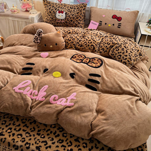 可愛kt貓四件套床上加絨牛奶絨被套學生宿捨冬季珊瑚絨床單三件套