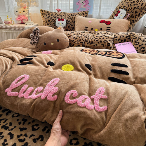 可愛kt貓四件套床上加絨牛奶絨被套學生宿捨冬季珊瑚絨床單三件套