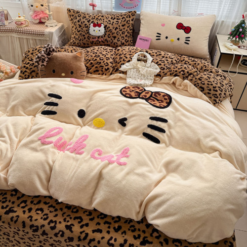 可愛kt貓四件套床上加絨牛奶絨被套學生宿捨冬季珊瑚絨床單三件套
