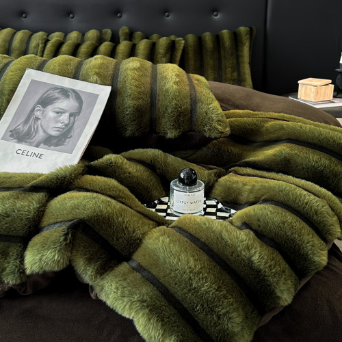 A類母嬰級輕奢高級感兔毛絨四件套牛奶絨條紋被套冬季保暖床包款4