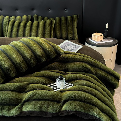 A類母嬰級輕奢高級感兔毛絨四件套牛奶絨條紋被套冬季保暖床包款4