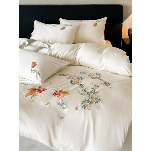 輕奢新中式水洗棉刺綉床上四件套親膚高級感主臥室床單被套床品