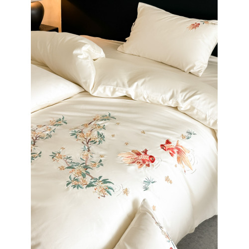 輕奢新中式水洗棉刺綉床上四件套親膚高級感主臥室床單被套床品