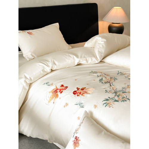 輕奢新中式水洗棉刺綉床上四件套親膚高級感主臥室床單被套床品