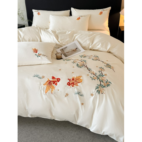 輕奢新中式水洗棉刺綉床上四件套親膚高級感主臥室床單被套床品