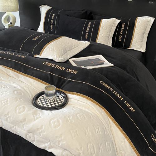 輕奢高級感黑色男生牛奶絨四件套2025新款雕花珊瑚絨被罩床單床包