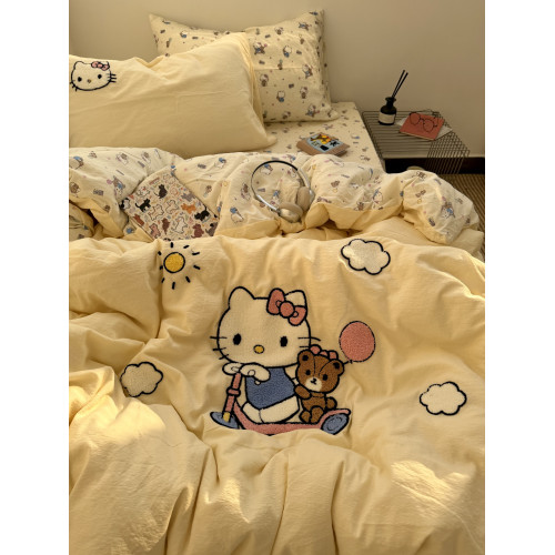 ins奶油黃可愛滑板kt毛巾綉水洗棉床單四件套純棉被套全棉三件套