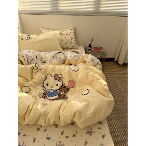 ins奶油黃可愛滑板kt毛巾綉水洗棉床單四件套純棉被套全棉三件套