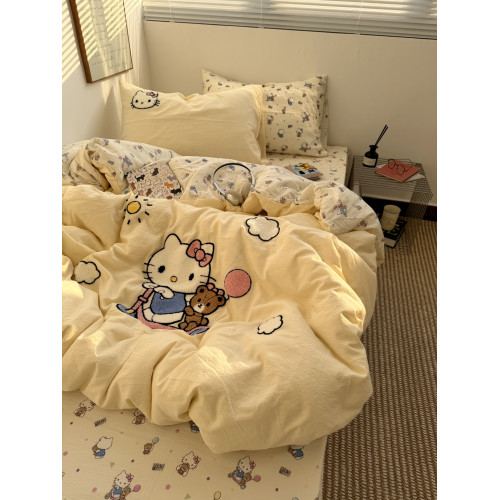 ins奶油黃可愛滑板kt毛巾綉水洗棉床單四件套純棉被套全棉三件套