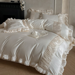 法式奶油風全棉水洗棉四件套純棉蕾絲花邊拼接被套少女心床上用品