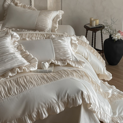 法式奶油風全棉水洗棉四件套純棉蕾絲花邊拼接被套少女心床上用品