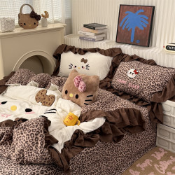 少女ins可愛豹紋貓貓毛巾綉水洗棉四件套韓系花邊床單學生三件套