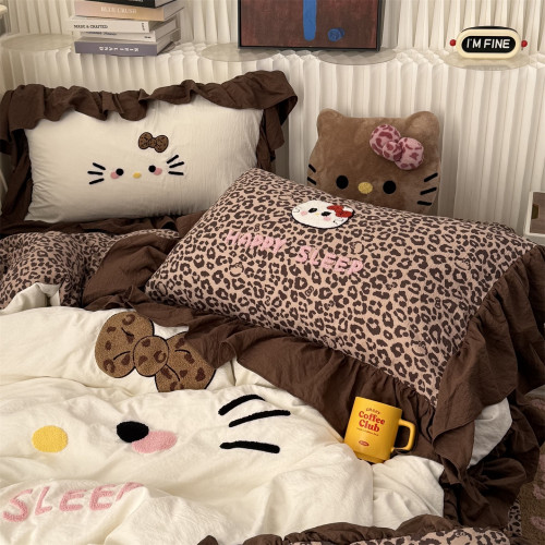 少女ins可愛豹紋貓貓毛巾綉水洗棉四件套韓系花邊床單學生三件套