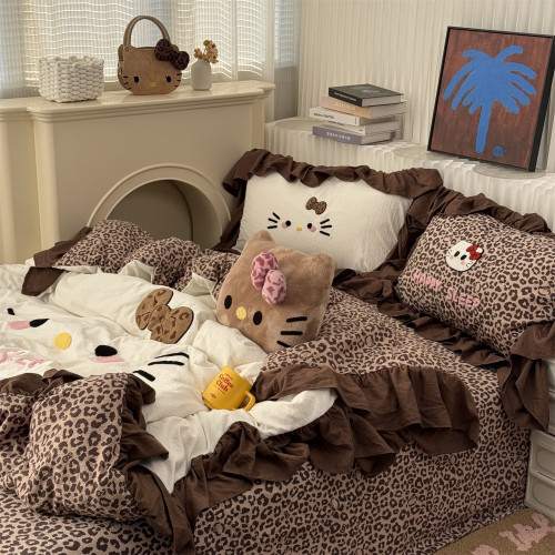 少女ins可愛豹紋貓貓毛巾綉水洗棉四件套韓系花邊床單學生三件套