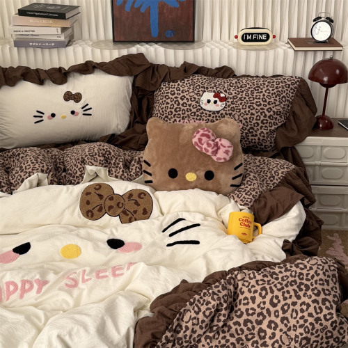 少女ins可愛豹紋貓貓毛巾綉水洗棉四件套韓系花邊床單學生三件套
