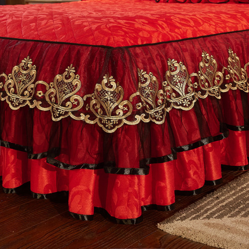 冬季喜慶大紅夾棉床裙式四件套加厚保暖天鵞絨床罩加絨被套4件套