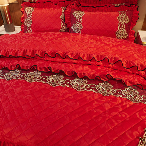 冬季喜慶大紅夾棉床裙式四件套加厚保暖天鵞絨床罩加絨被套4件套