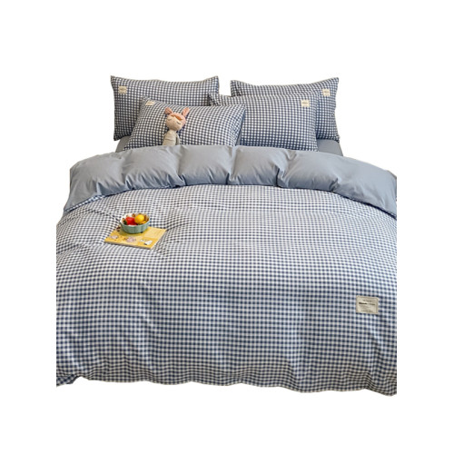南通家紡藍小格子全棉水洗棉四件套床包款學生宿捨三件套被套裸睡