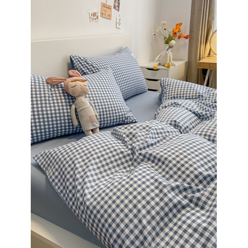 南通家紡藍小格子全棉水洗棉四件套床包款學生宿捨三件套被套裸睡