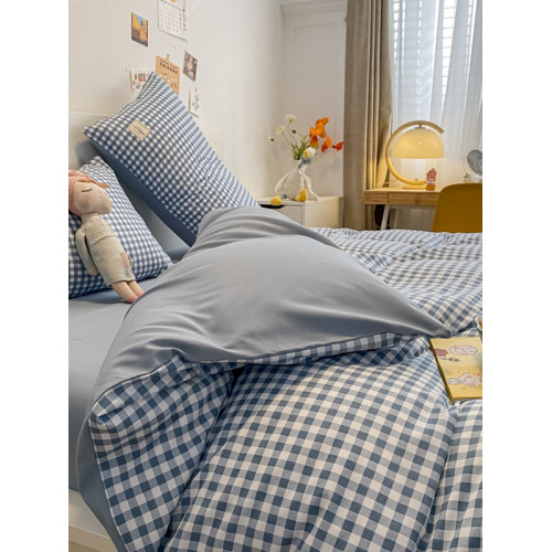 南通家紡藍小格子全棉水洗棉四件套床包款學生宿捨三件套被套裸睡