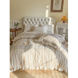 法式復古全棉床上四件套100純棉公主風蕾絲花邊被套高檔床裙款ins