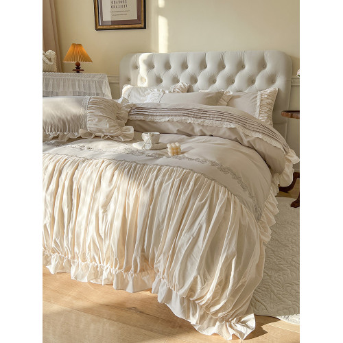 法式復古全棉床上四件套100純棉公主風蕾絲花邊被套高檔床裙款ins