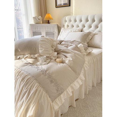 法式復古全棉床上四件套100純棉公主風蕾絲花邊被套高檔床裙款ins