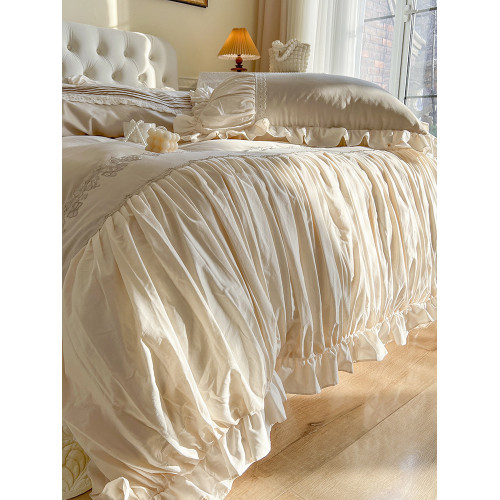 法式復古全棉床上四件套100純棉公主風蕾絲花邊被套高檔床裙款ins