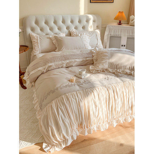 法式復古全棉床上四件套100純棉公主風蕾絲花邊被套高檔床裙款ins