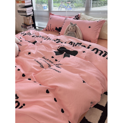 ins風床上四件套水洗棉被套粉色少女心蝴蝶結學生宿捨床單三件套