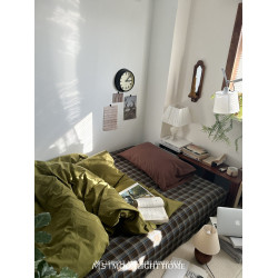 牛油果純色復古格子純棉床上四件套全棉水洗棉床單被套床品三件套