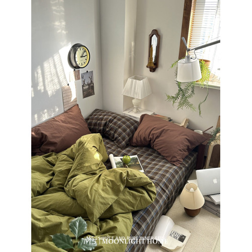 牛油果純色復古格子純棉床上四件套全棉水洗棉床單被套床品三件套 牛油果純色復古格子純棉床上四件套全棉水洗棉床單被套床品三件套