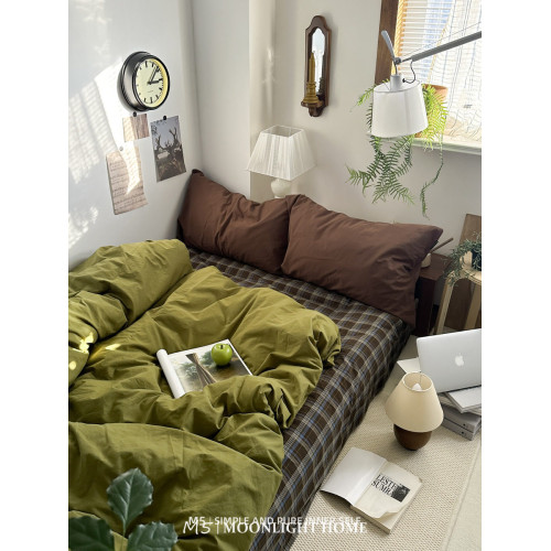 牛油果純色復古格子純棉床上四件套全棉水洗棉床單被套床品三件套 牛油果純色復古格子純棉床上四件套全棉水洗棉床單被套床品三件套