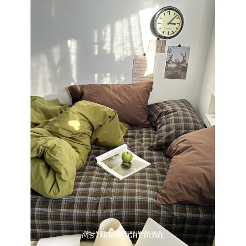 牛油果純色復古格子純棉床上四件套全棉水洗棉床單被套床品三件套 牛油果純色復古格子純棉床上四件套全棉水洗棉床單被套床品三件套
