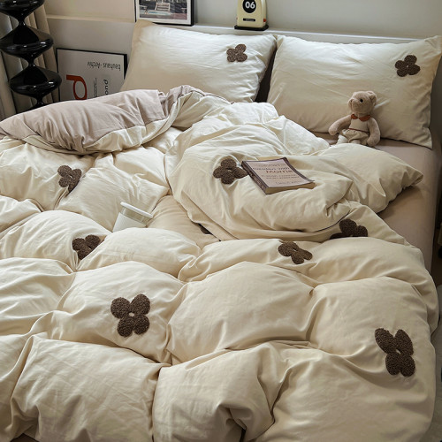 純色超柔軟水洗棉毛巾綉太陽花四件套被套床單宿捨三件套床上用品