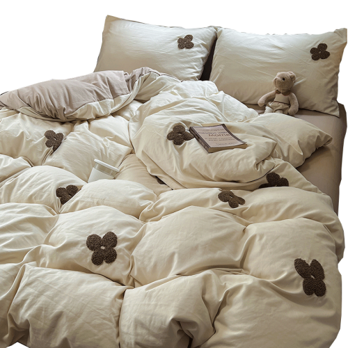 純色超柔軟水洗棉毛巾綉太陽花四件套被套床單宿捨三件套床上用品