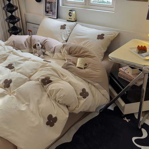 純色超柔軟水洗棉毛巾綉太陽花四件套被套床單宿捨三件套床上用品