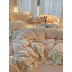 秋冬法式浪漫粉花邊公主風牛奶絨四件套雕花絨被套珊瑚絨床單床包