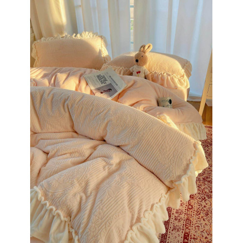 秋冬法式浪漫粉花邊公主風牛奶絨四件套雕花絨被套珊瑚絨床單床包