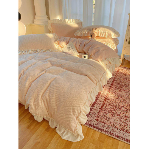 秋冬法式浪漫粉花邊公主風牛奶絨四件套雕花絨被套珊瑚絨床單床包