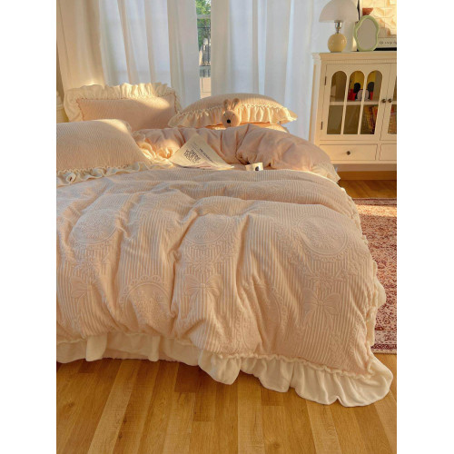 秋冬法式浪漫粉花邊公主風牛奶絨四件套雕花絨被套珊瑚絨床單床包